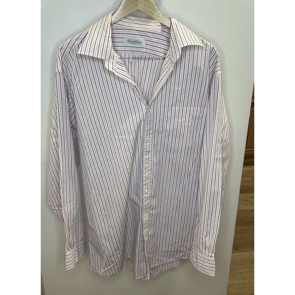 Brooks Brothers Traditional Fit Button Up Shirt 17.5" 34/35‎ Blue Pink Stripe